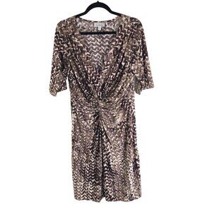 Olivia Matthews Knee-Length Ruched Dress Metallic Gold Brown Abstract Print 1X